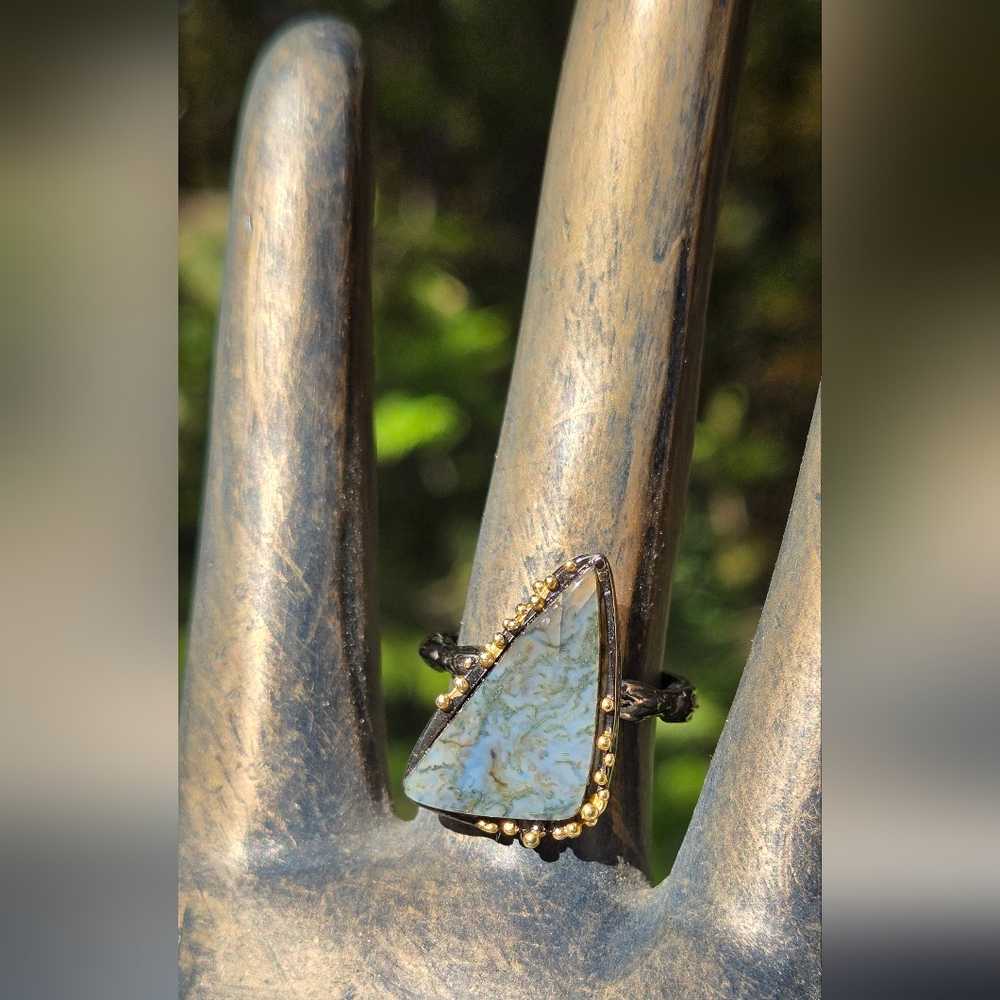 HOST PICK 🎉🎊Garden Agate 14k Natural Gemstone Sterling Rhodium & Gold Ring Sz9 - Picture 4 of 8